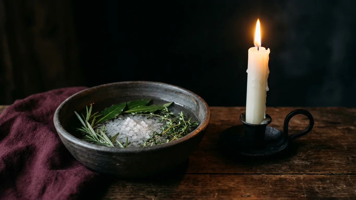 Bowl of salt water and herbs beside a white candle