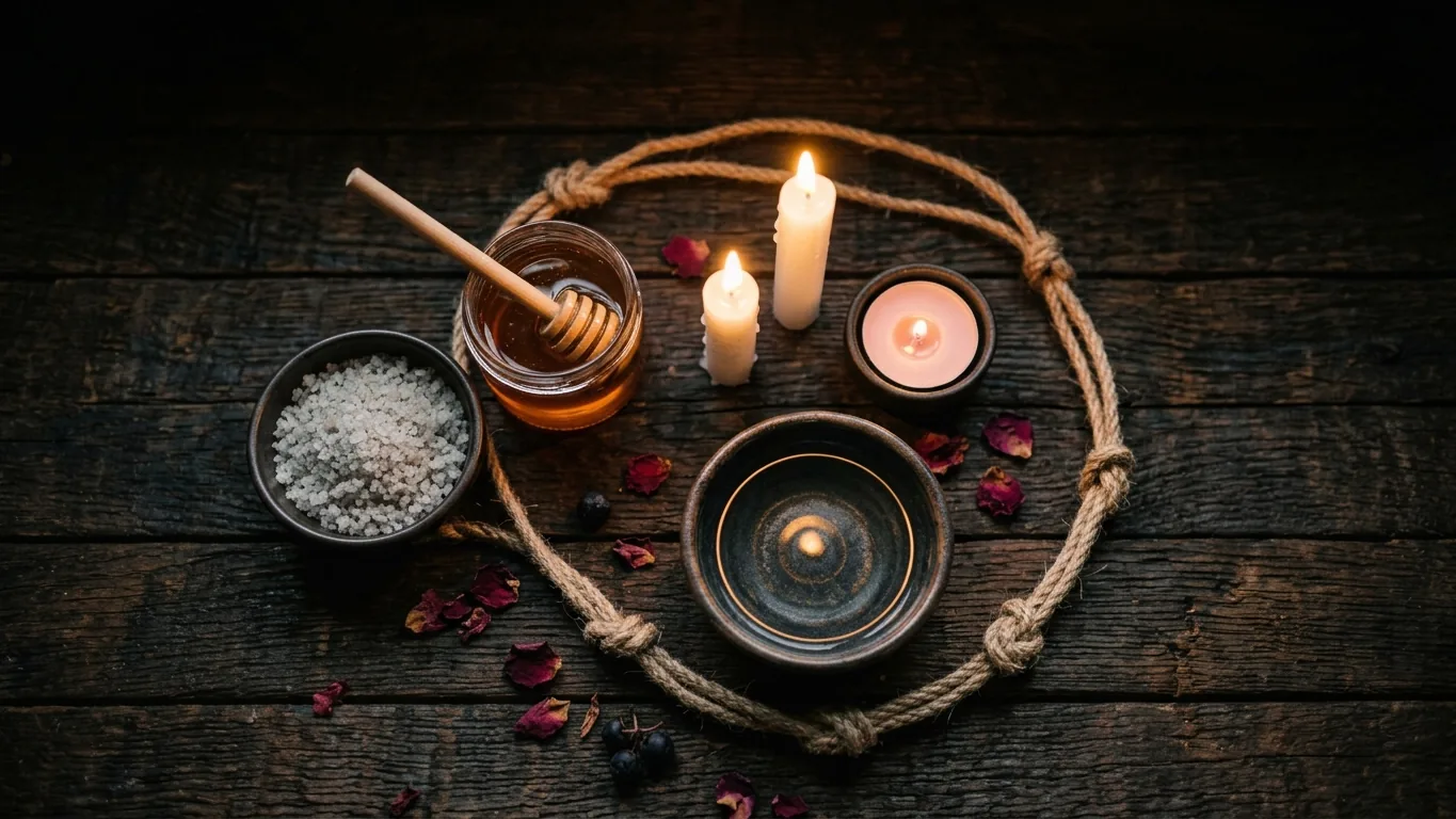 Healing materials: candles, salt, honey and a knotted cord