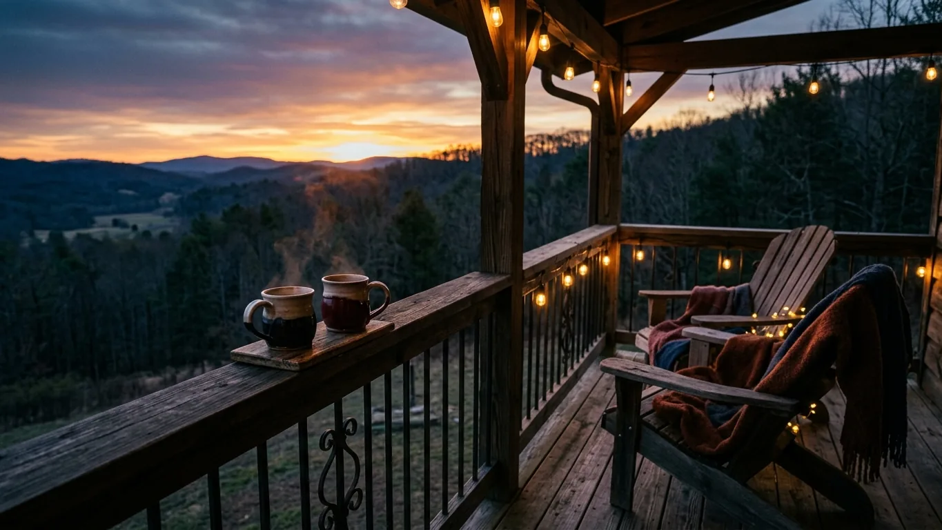 Two coffee cups on a porch at sunrise