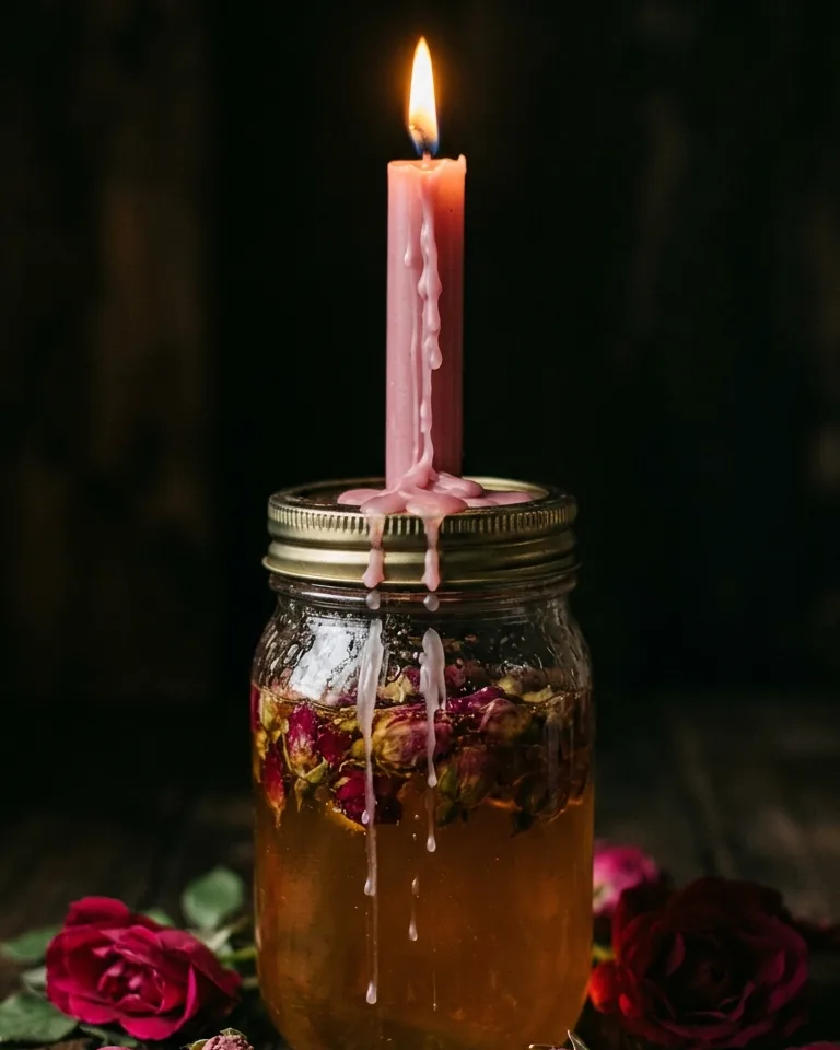 Honey jar with a pink candle on its lid