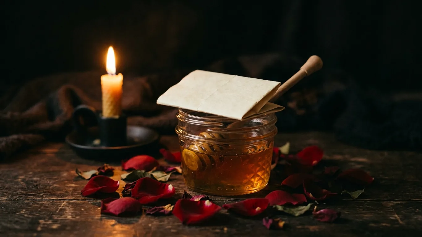 Folded paper on the rim of an open honey jar