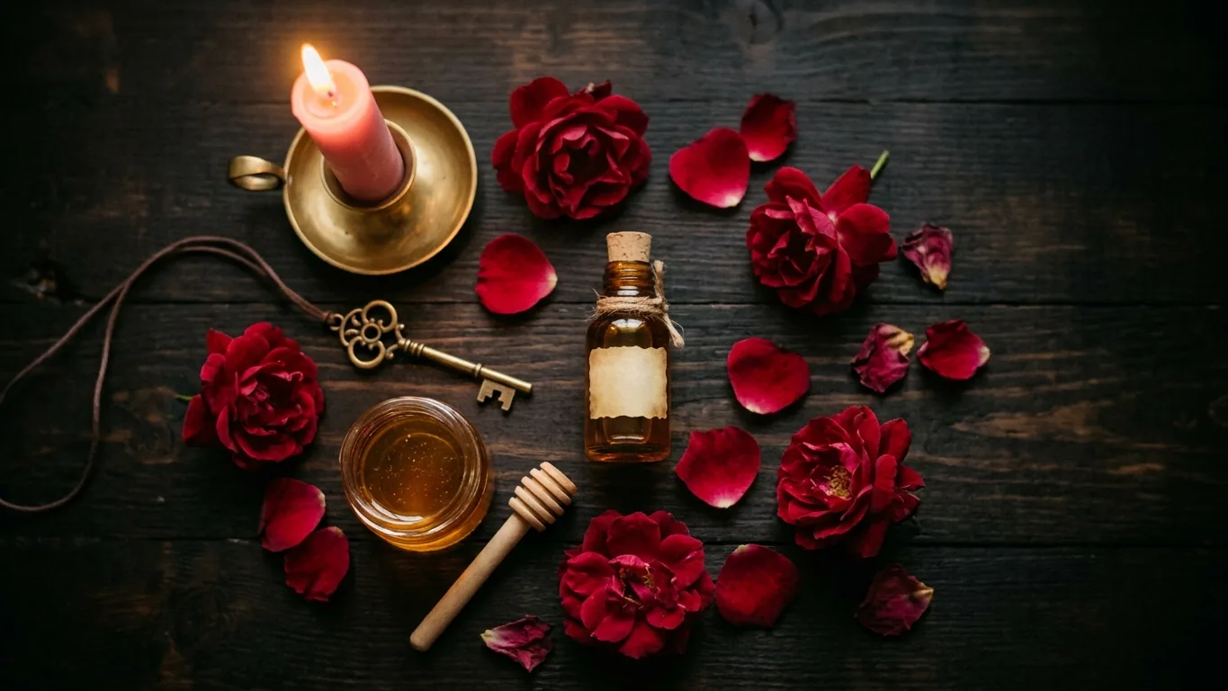 Honey jar materials: honey, rose, cinnamon and lavender