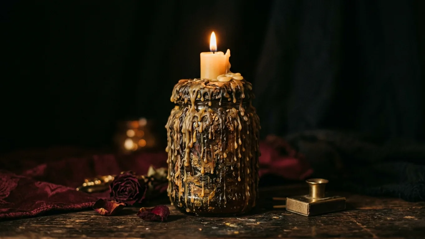 Honey jar with layers of candle wax
