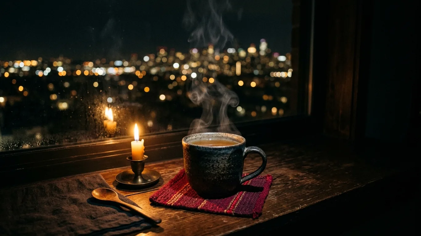 Cup of tea on a windowsill at night