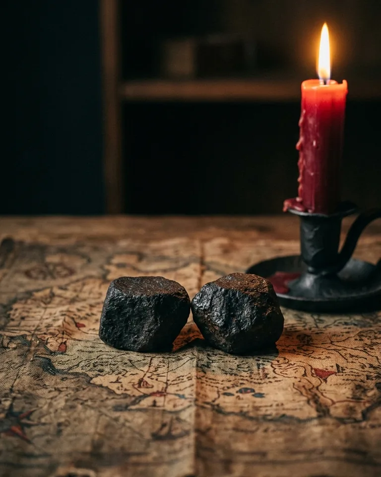 Two lodestones on a map cloth beside a candle