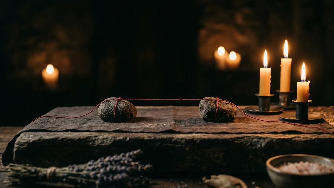Two stones joined by a red thread on an altar