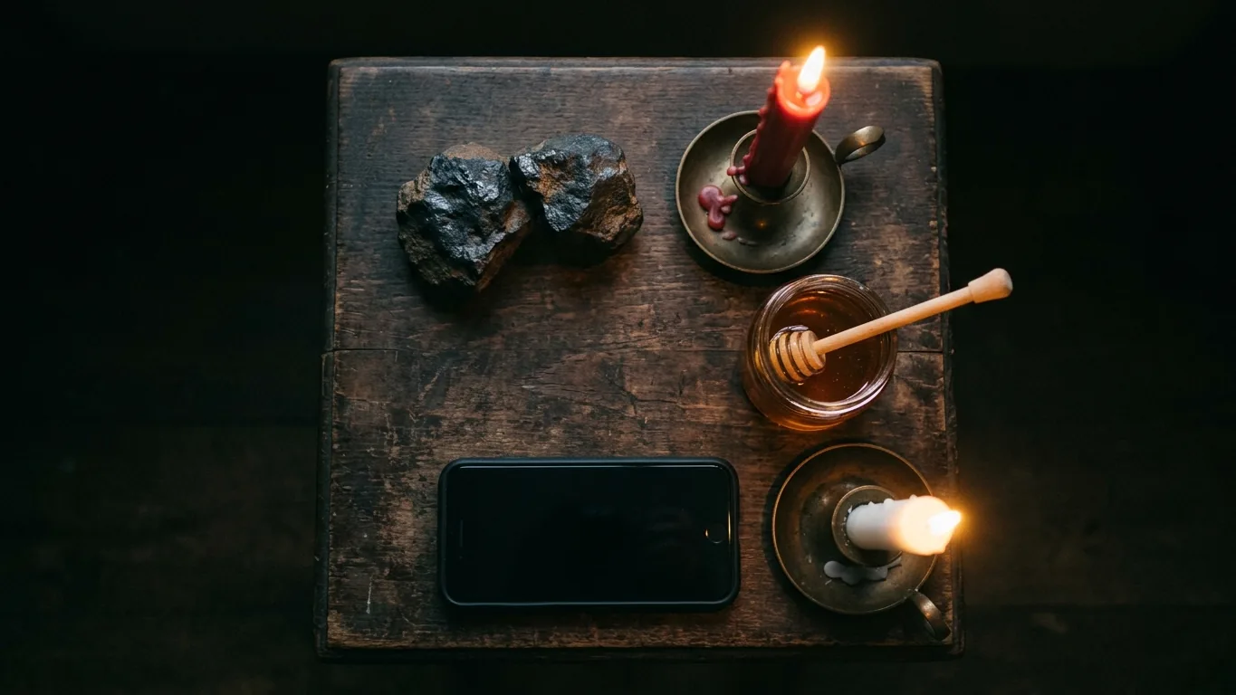 Paired lodestones, candles, honey and a phone