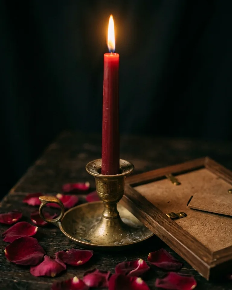 Red taper candle burning in a brass holder