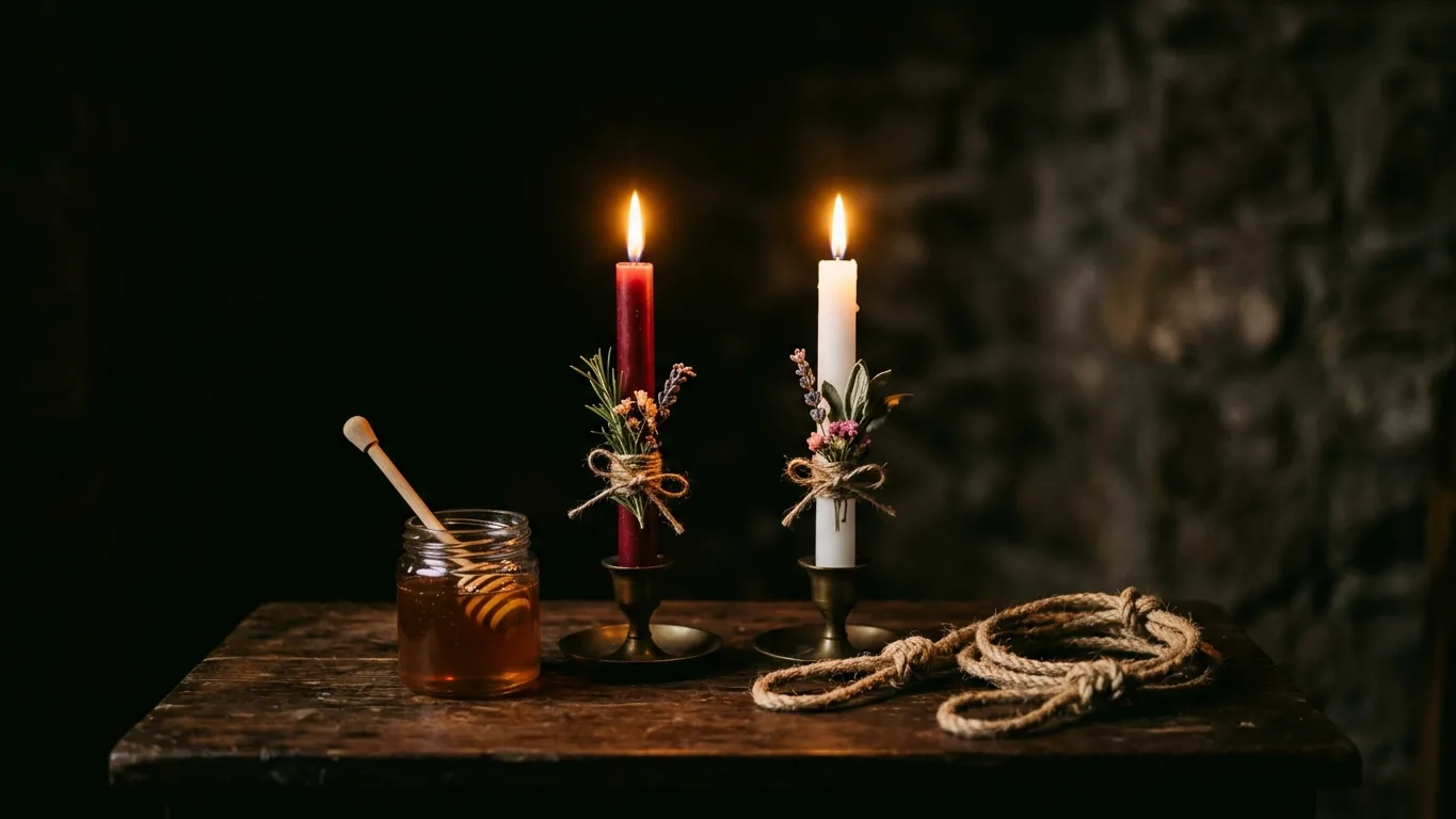 Red, pink, white and gold candles burning