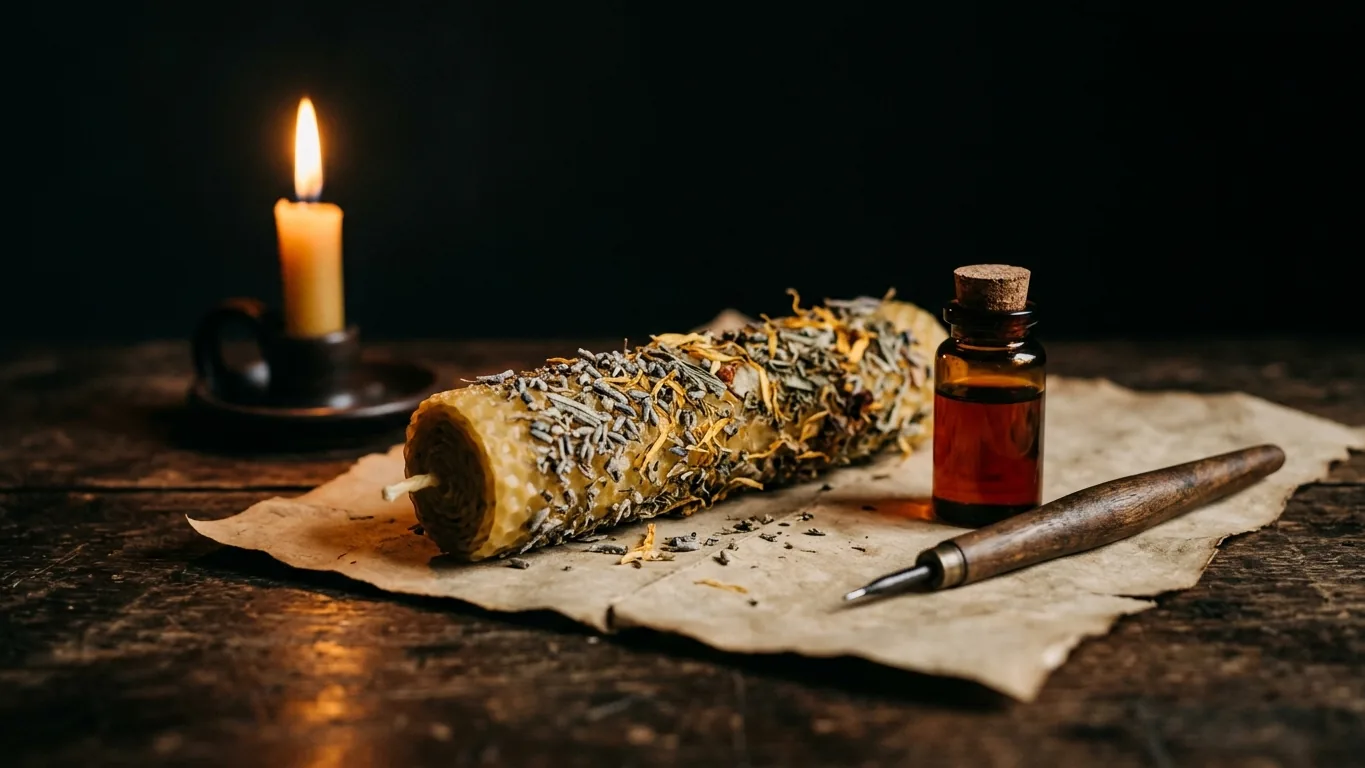 Candle dressed with oil and dried herbs