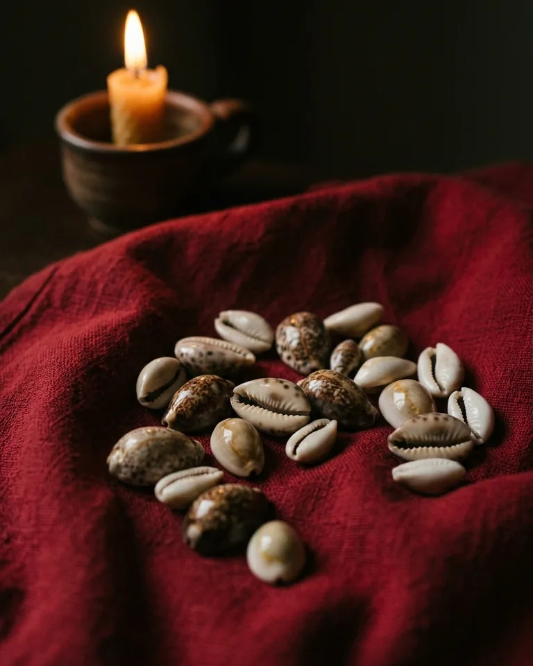 Cowrie shells on red cloth