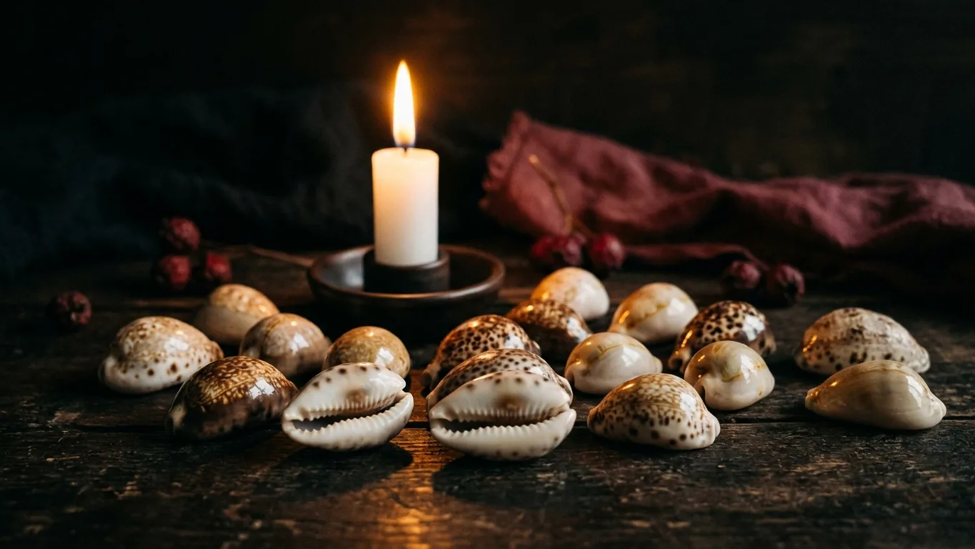 Cowrie shells beside a white candle