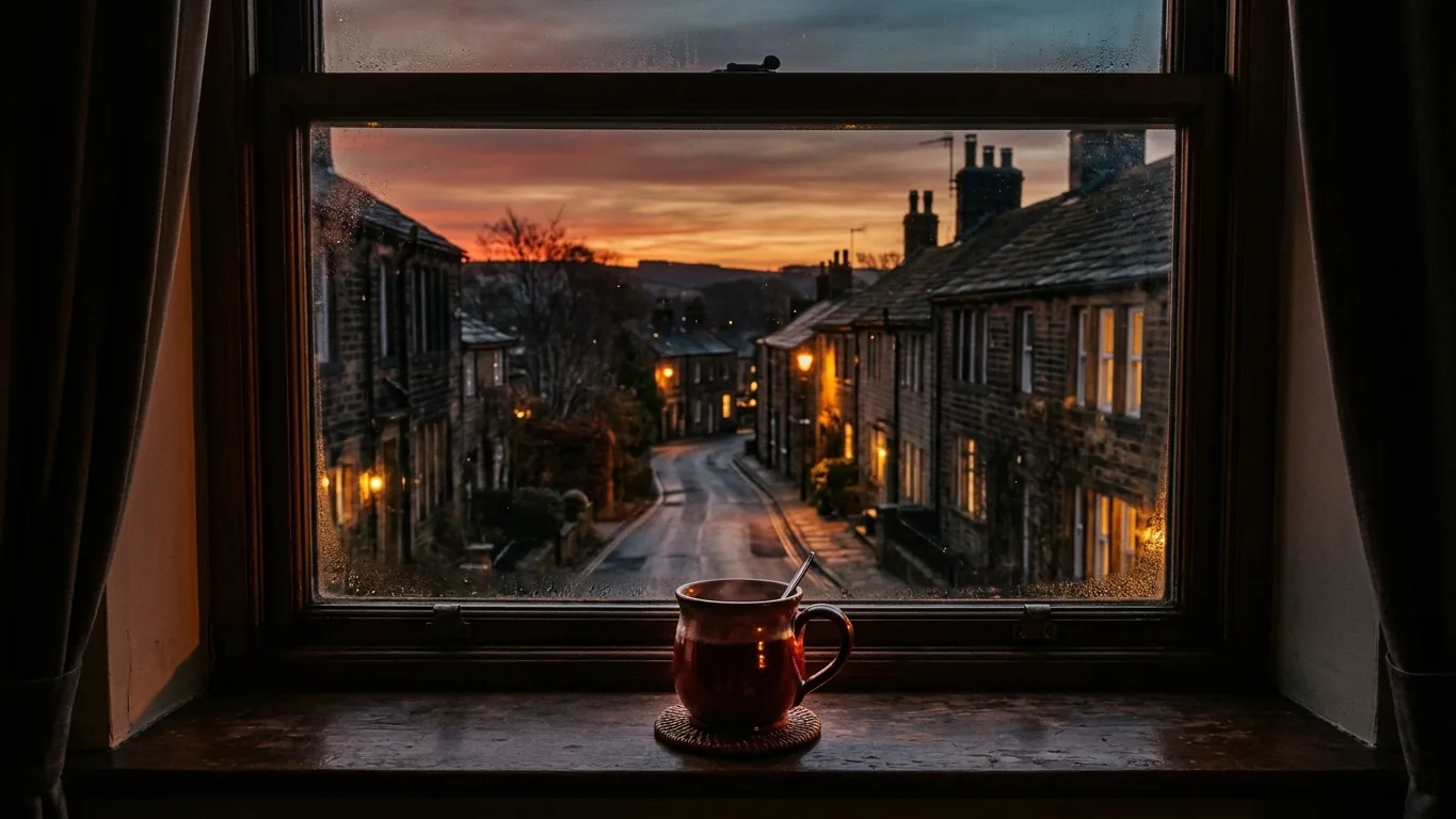 Sunrise through a window with a cup on the sill