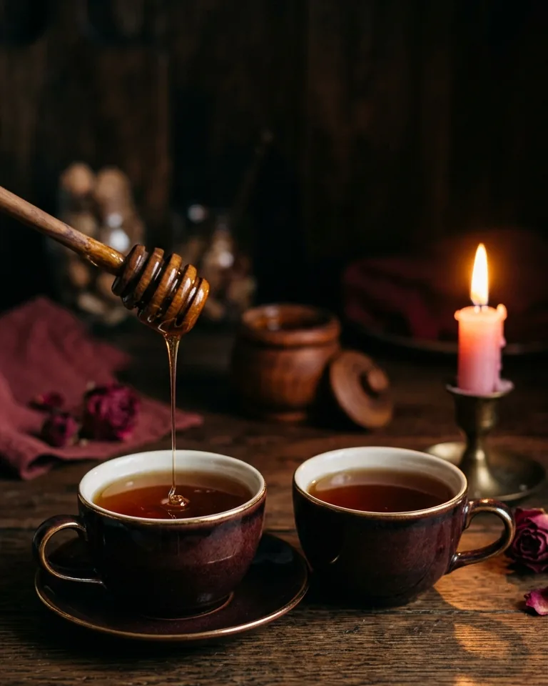 Two teacups and honey beside a pink candle