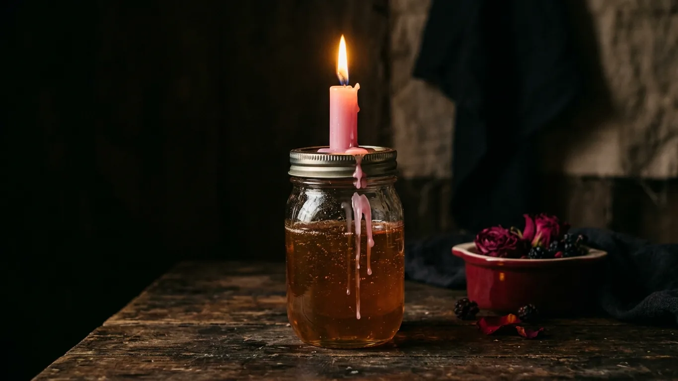 Honey jar with a pink candle burning on its lid