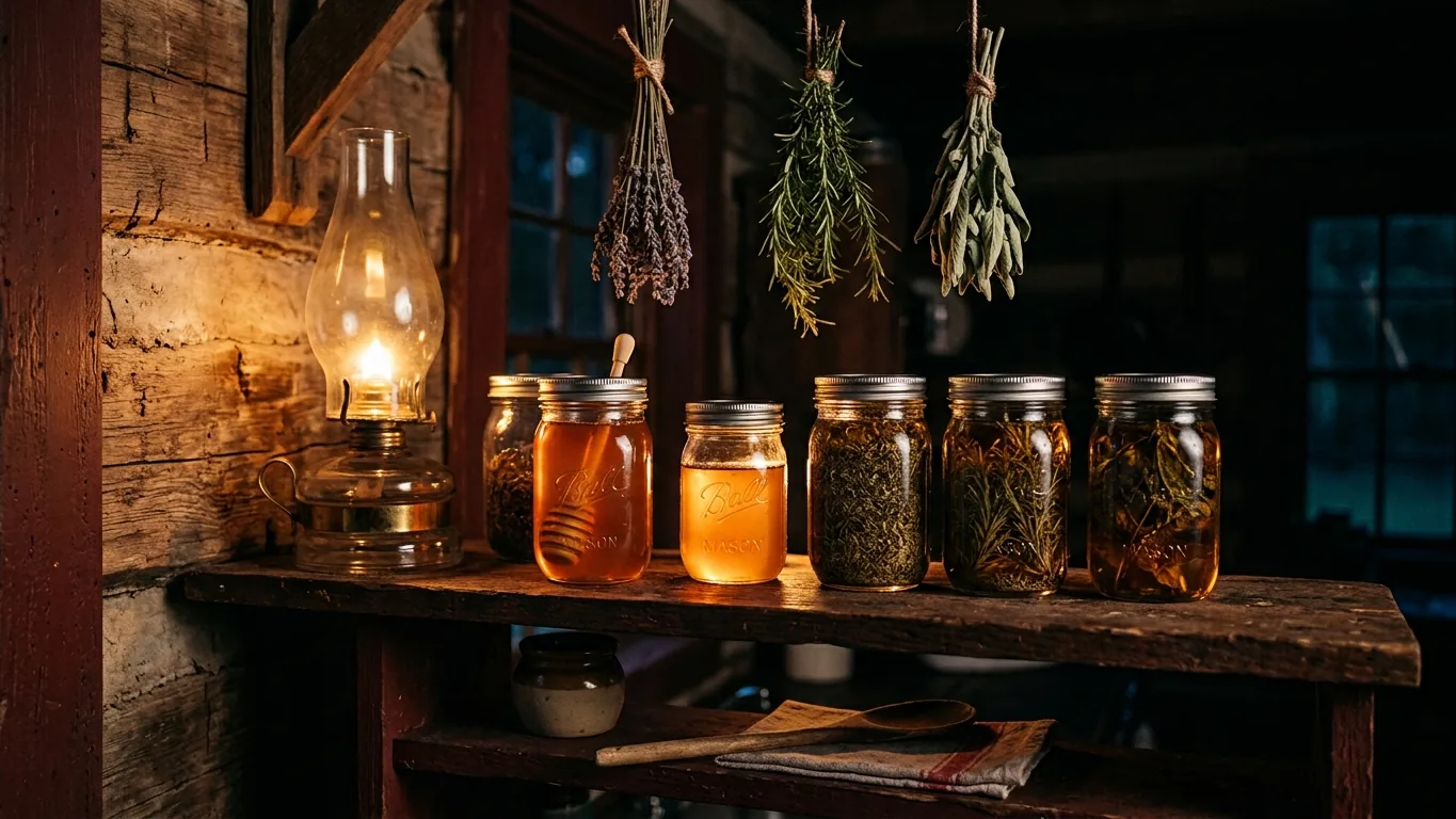 Mason jars of honey and herbs on a rustic shelf