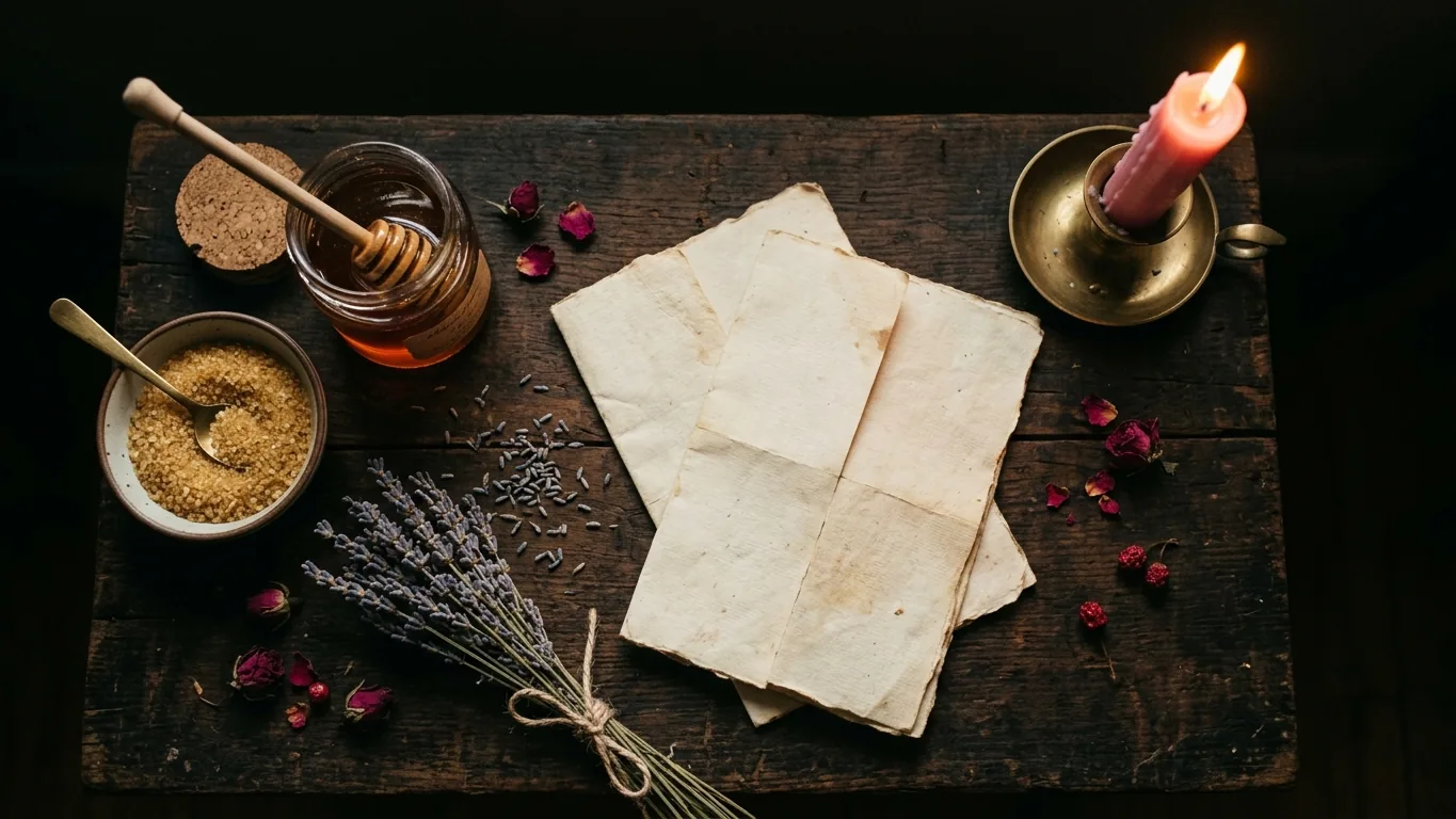 Sweetening materials: honey, sugar, lavender and a pink candle