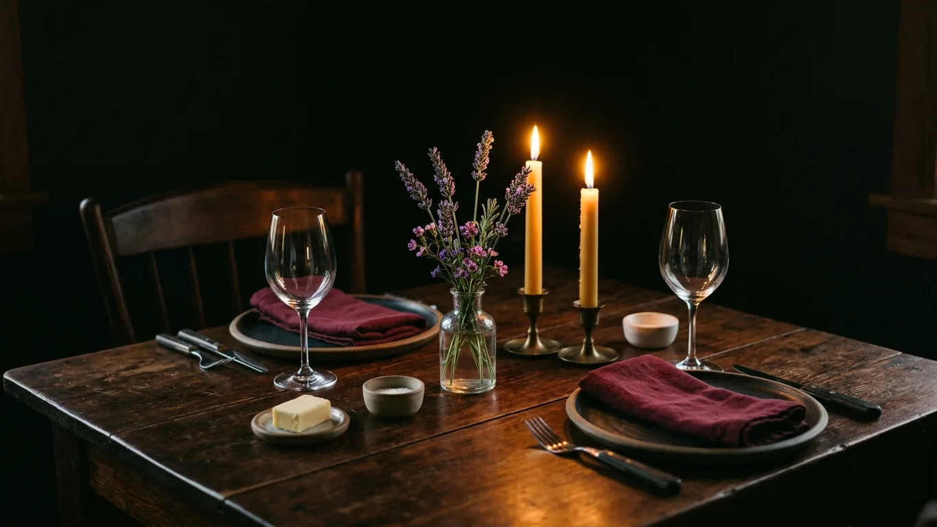 Kitchen table set for two with lavender