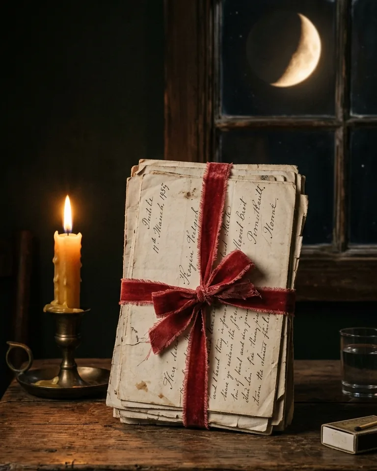 Old letters tied with red ribbon beside a candle