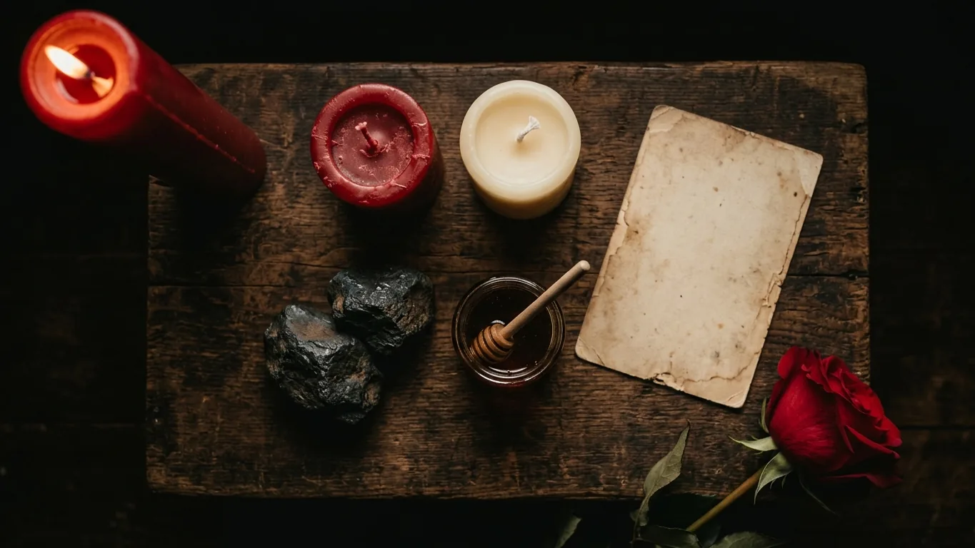 Return materials: candles, lodestones, honey and an old photo