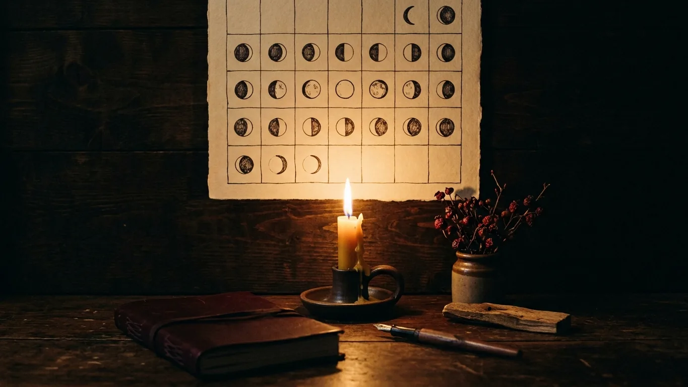 Calendar with moon phases beside a candle