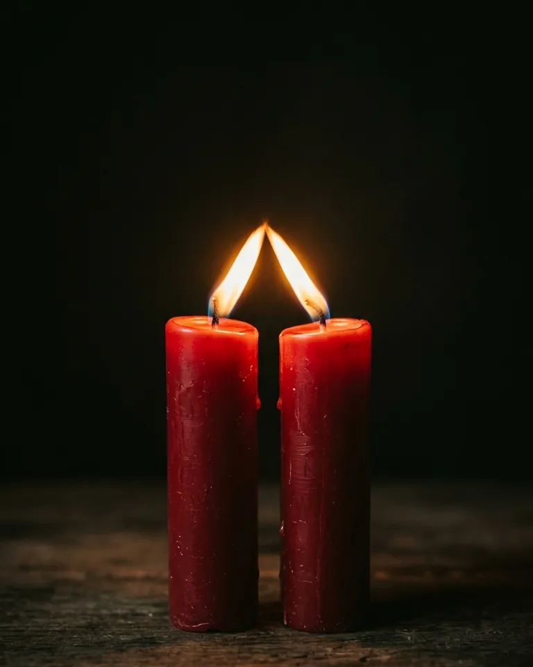 Two identical red candles, flames leaning together