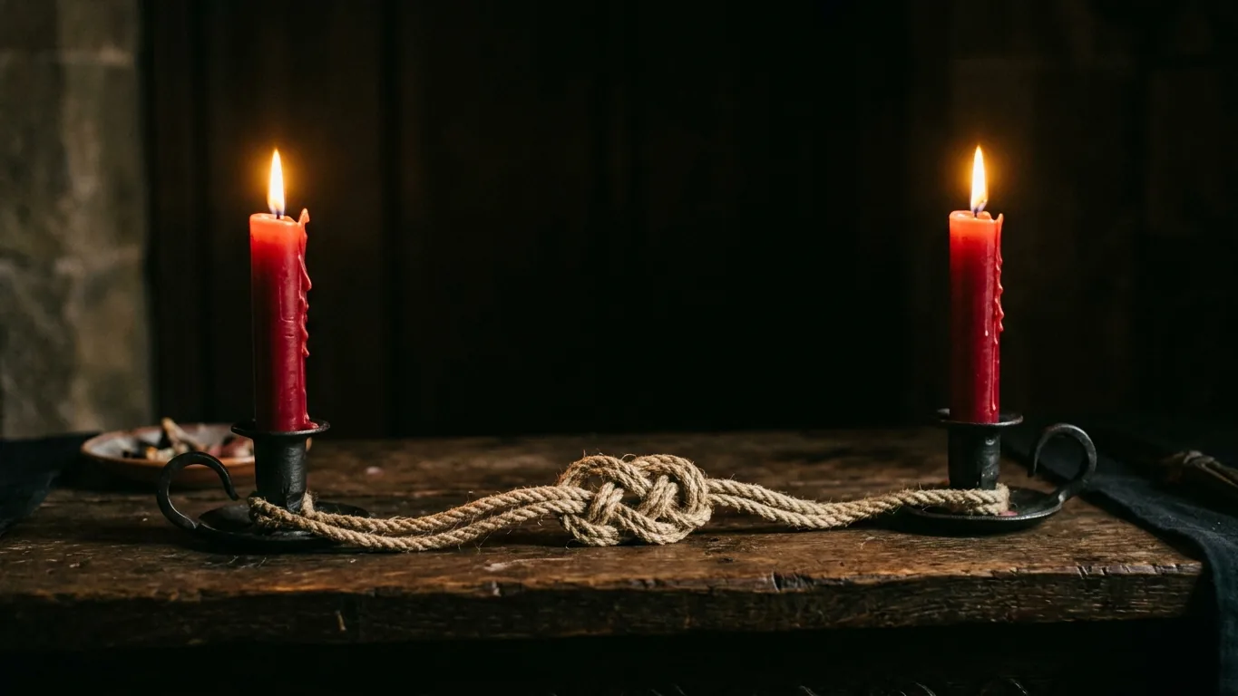 Two identical red candles joined by a knotted cord
