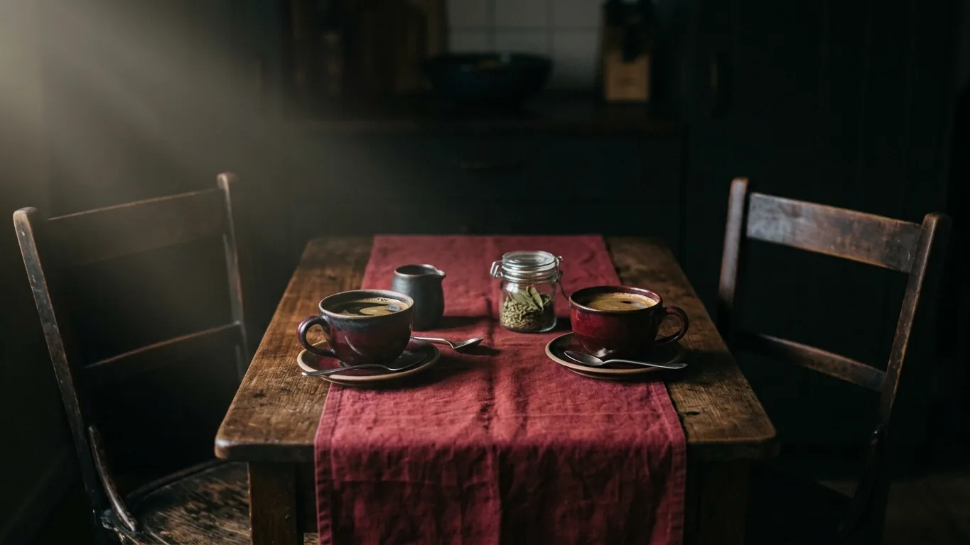 Two mugs and a shared blanket in a cozy living room