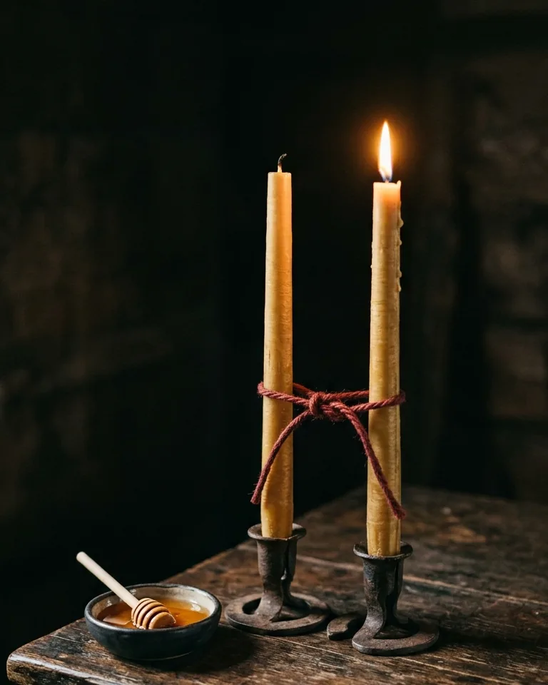 Two candles with a red cord and honey