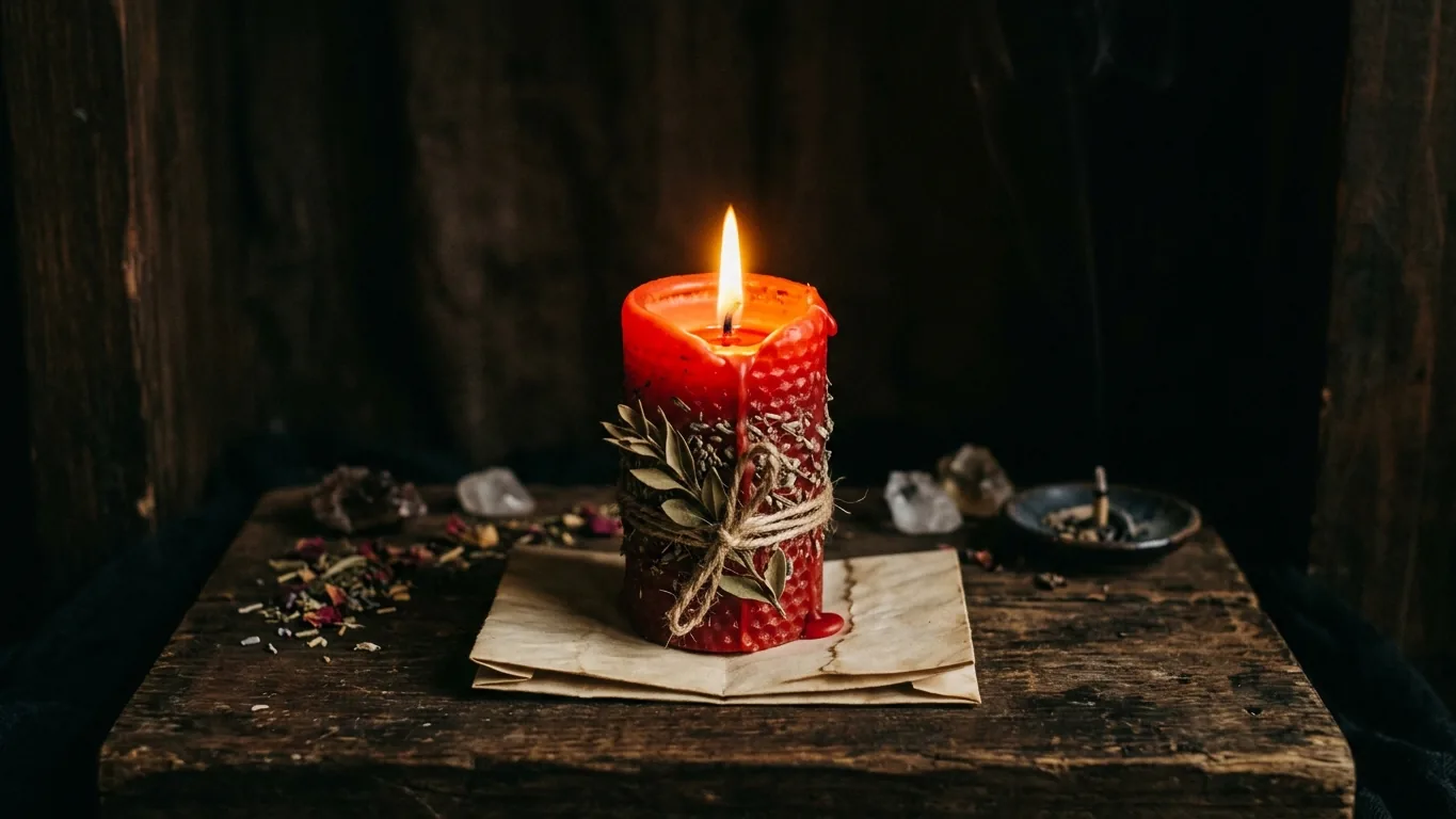 Red candle wrapped with rose on an altar