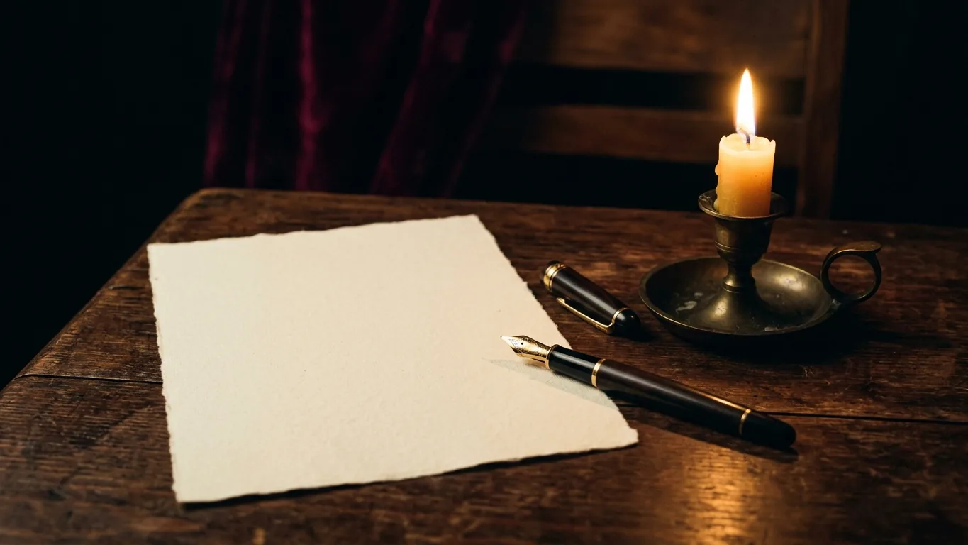 Blank paper and a pen beside a candle