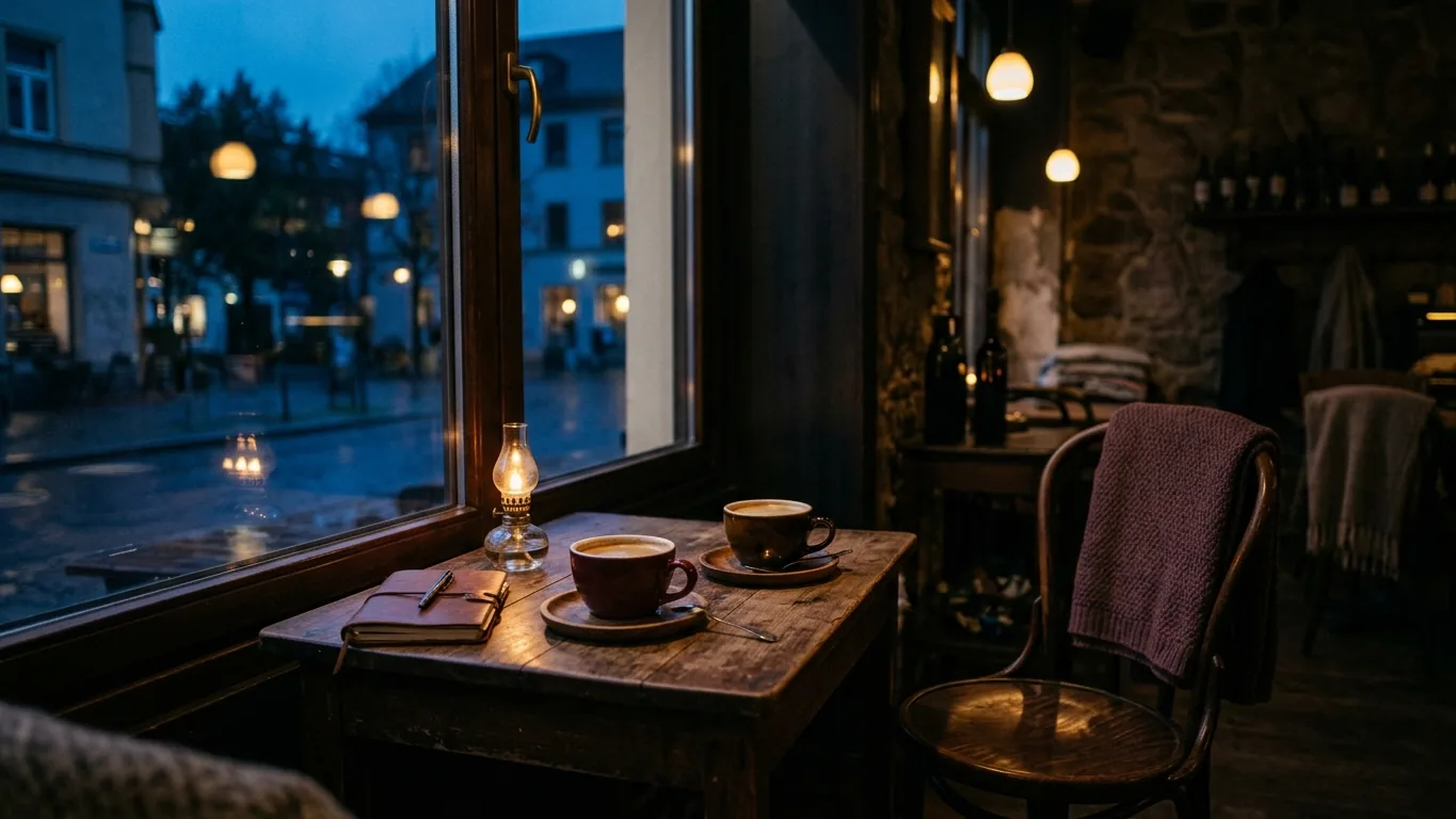 Café table with two cups and an empty chair