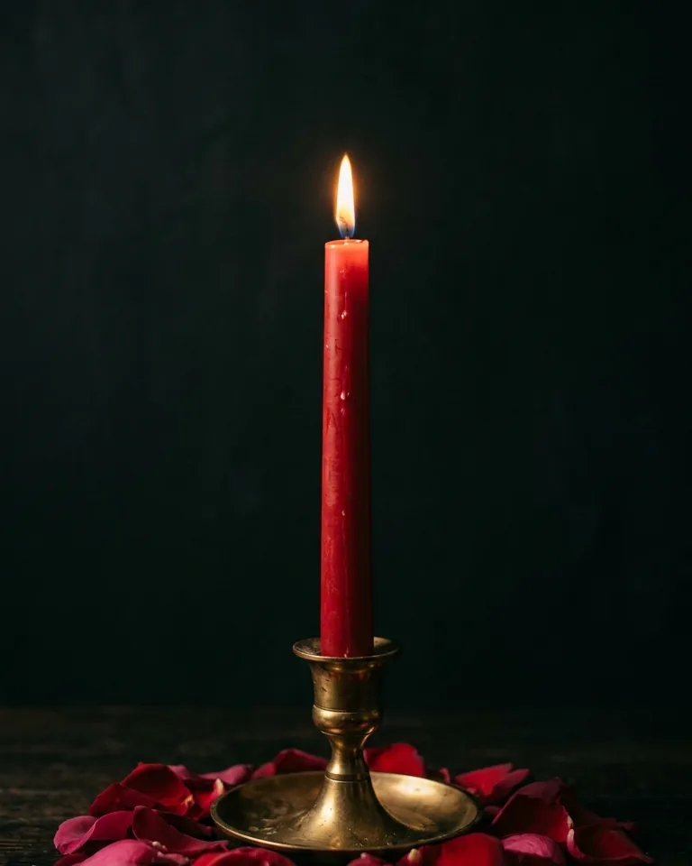 Red candle beside a face-down picture frame