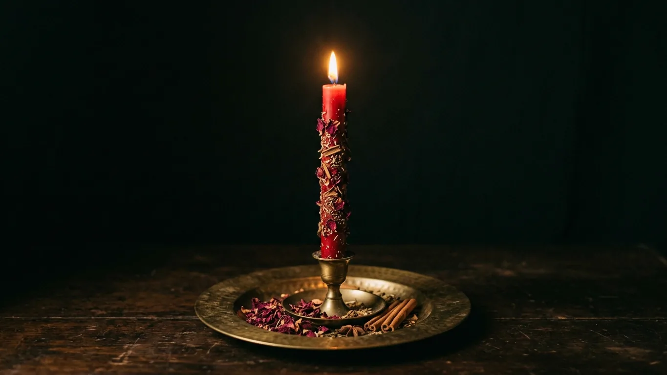 Red candle dressed with rose and cinnamon