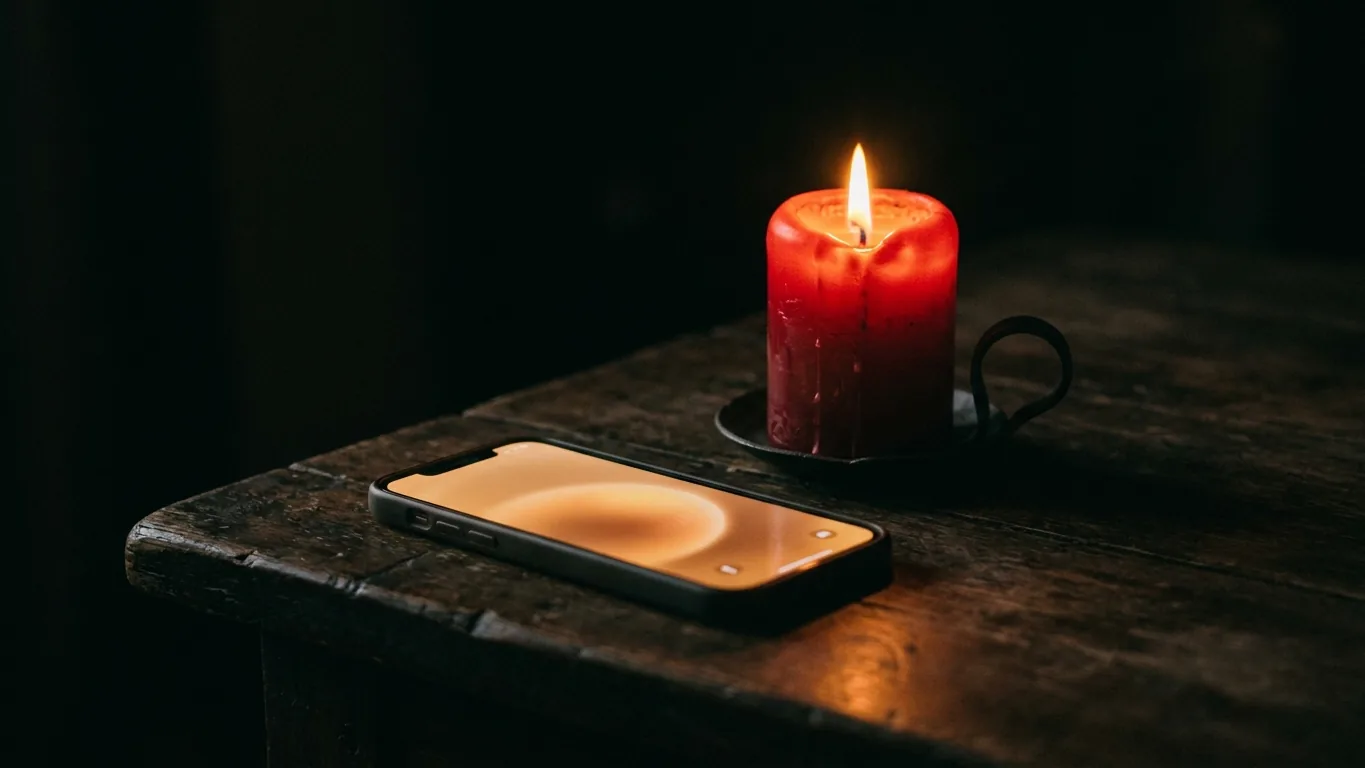 Phone lighting up with a message beside a candle