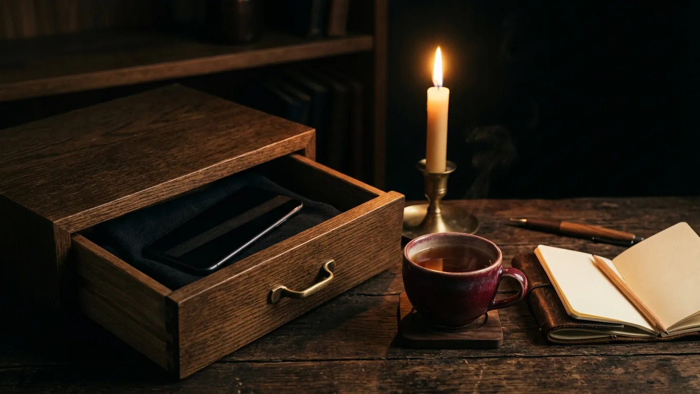 Phone set aside in a drawer beside tea and a notebook