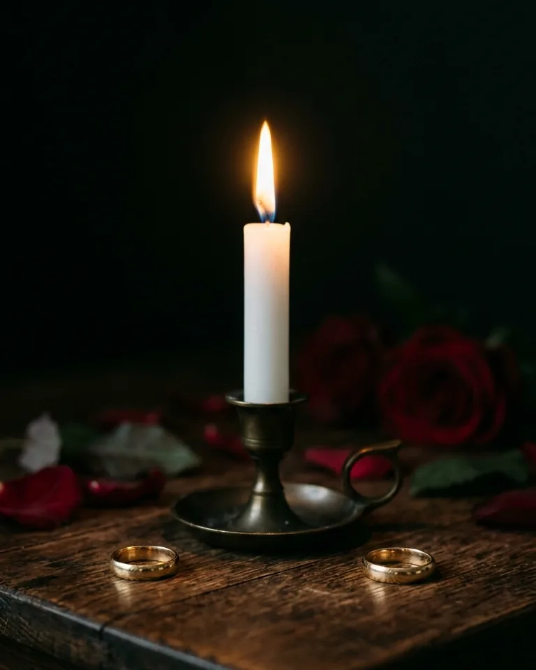 Two wedding rings with a candle between them