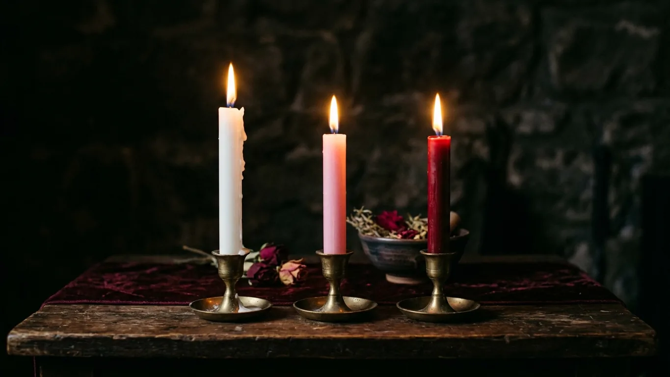 White, pink and red candles in a row