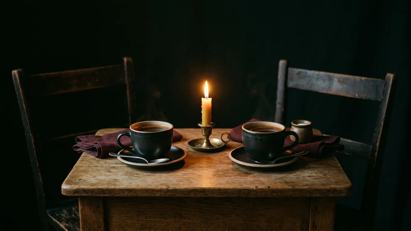 Two coffee cups across a kitchen table
