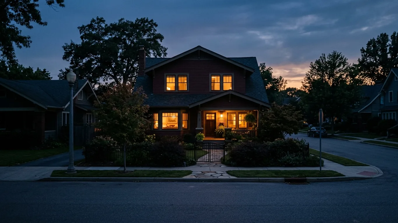 Family home at dusk with warm windows
