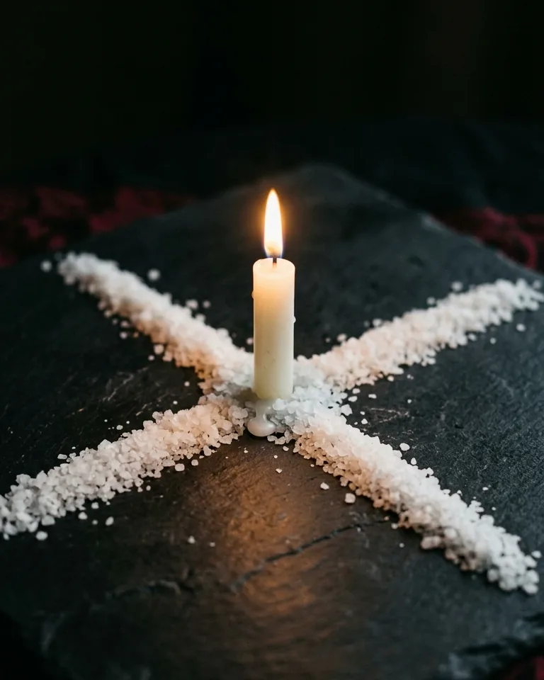 White candle where two lines of salt cross