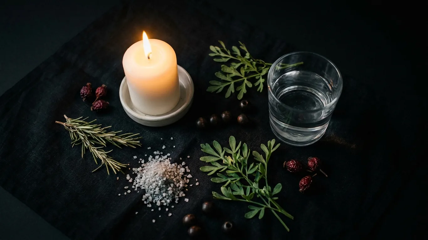 Bowl of salt water and herbs beside a white candle