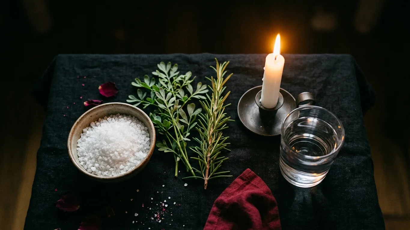 Cleansing materials: salt, herbs, a white candle and water