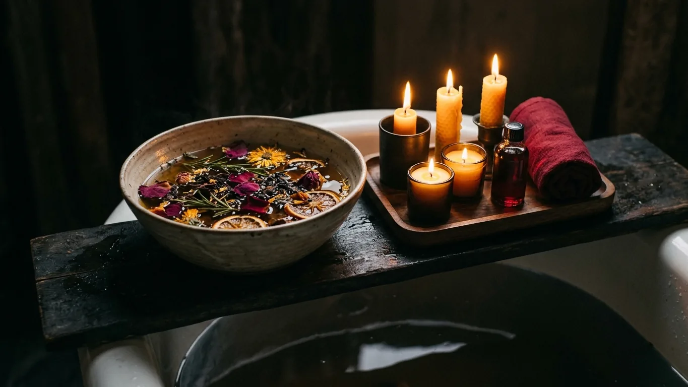 Herb bath water and candles beside a tub