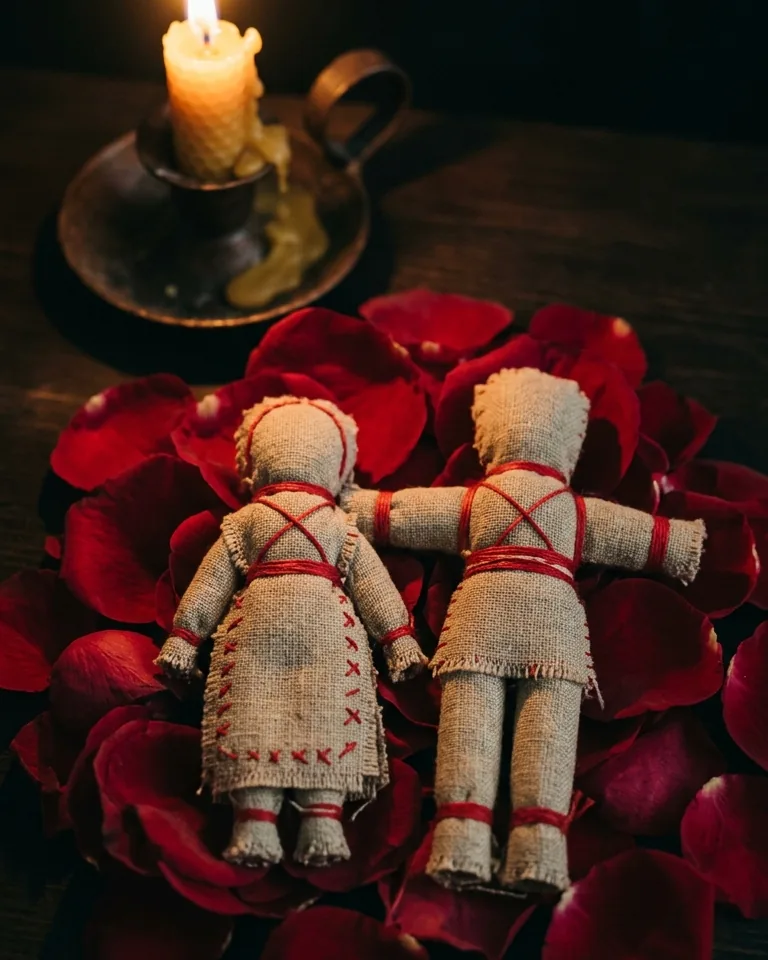 Two linen figures on rose petals in candlelight