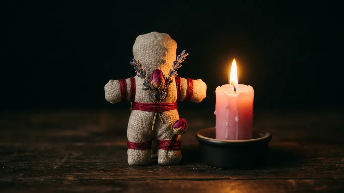 Cloth figure wrapped in red thread beside a pink candle