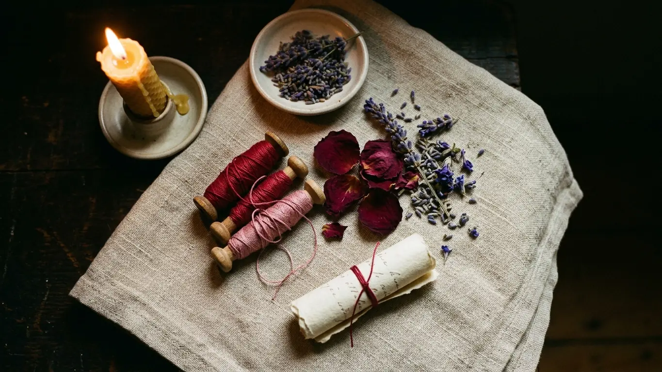 Doll ritual materials: linen, thread, rose and lavender