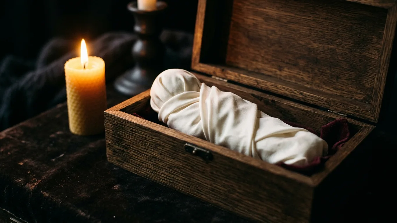 Cloth figure wrapped in white silk in a wooden box