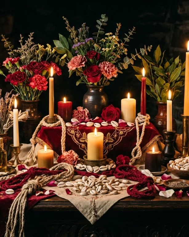 Candlelit altar with flowers, honey and offerings