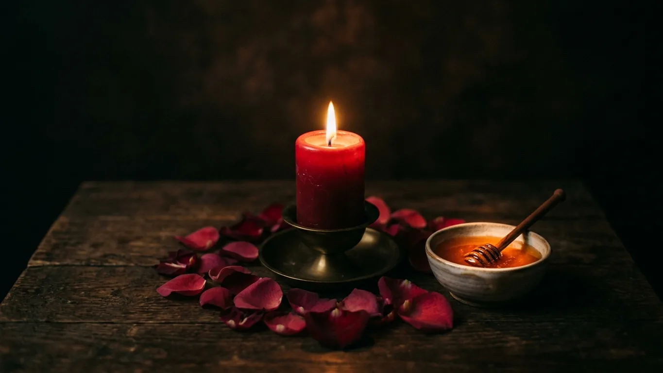 Red candle burning over a folded petition